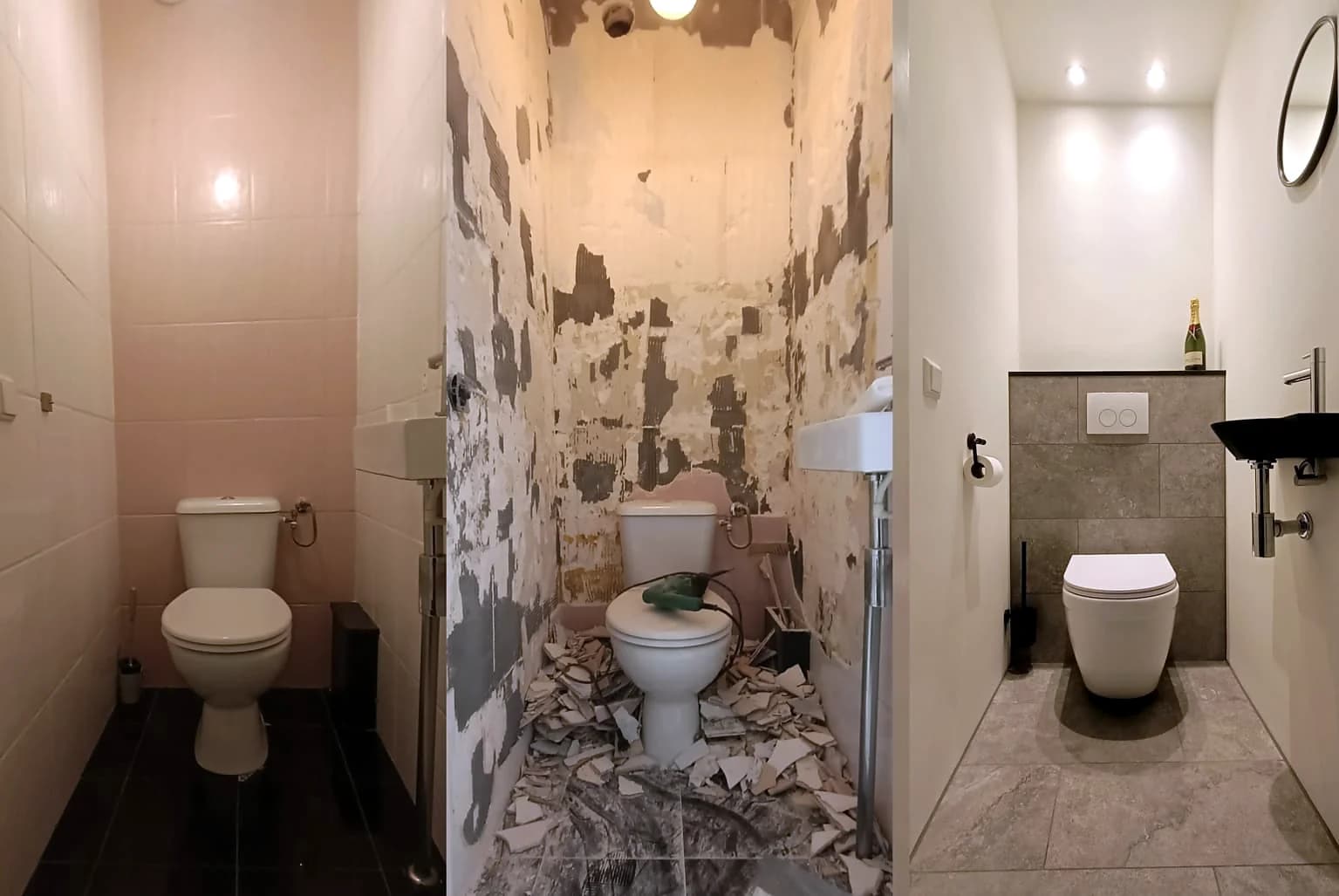 Toiletrenovatie voor, tijdens en na de uitvoering